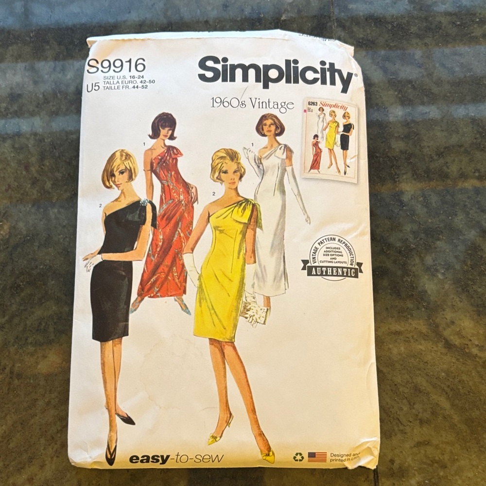 Simplicity S9916 One Shoulder Dress Pattern 1960’s vintage 16 18 20 22 24 uncut